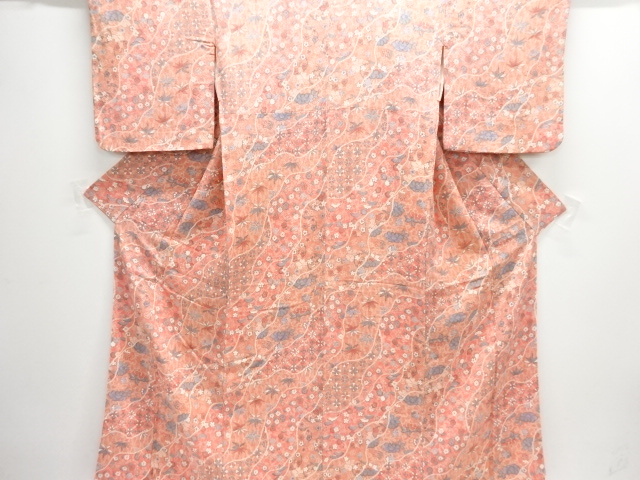 縮緬地霞取りに草花模様小紋着物